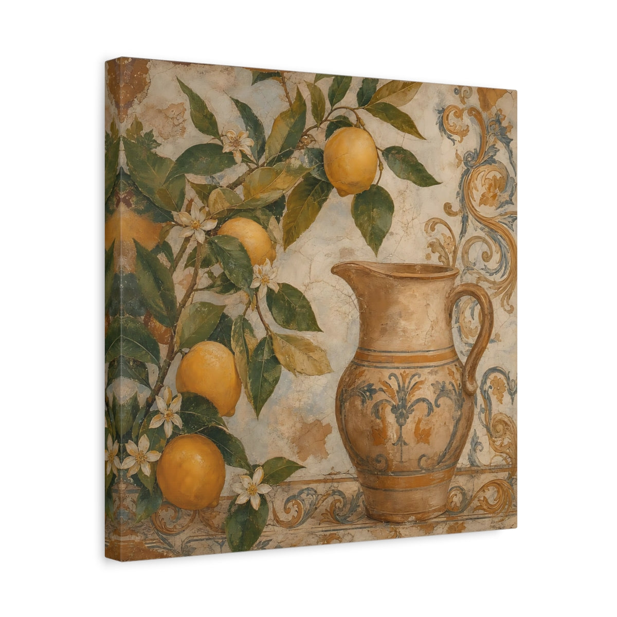 Side Mockup 6. Nature Lemon Tree Vintage Lemon Pitcher shown as stretched canvas wall art