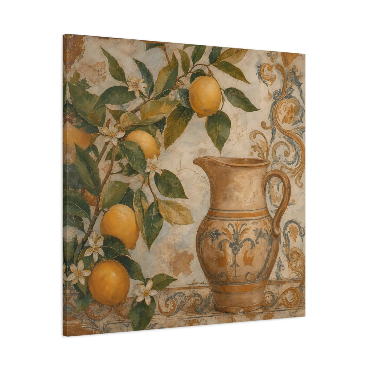 Side Mockup 1. Nature Lemon Tree Vintage Lemon Pitcher shown as stretched canvas wall art