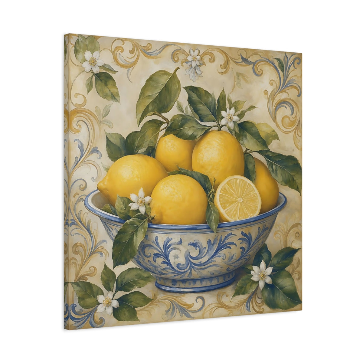 Side Mockup 3. Nature Lemons Yellow Lemons shown as stretched canvas wall art