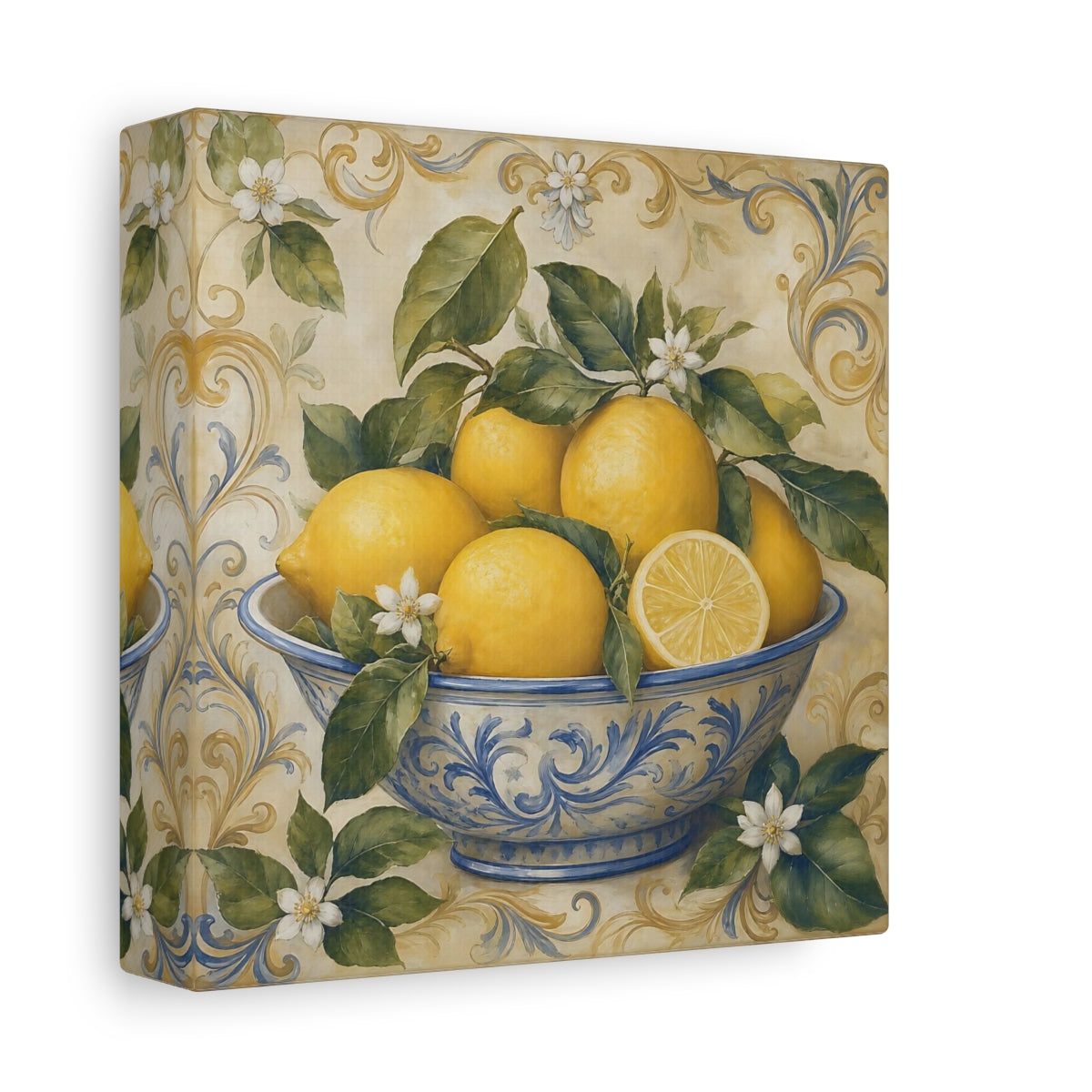 Side Mockup 2. Nature Lemons Yellow Lemons shown as stretched canvas wall art