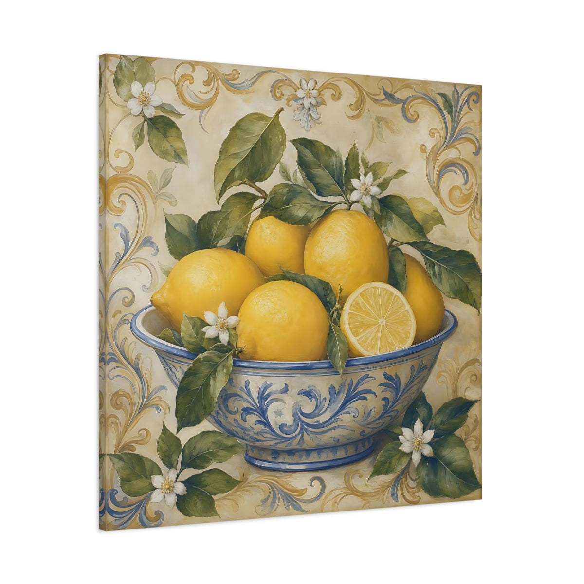 Side Mockup 1. Nature Lemons Yellow Lemons shown as stretched canvas wall art