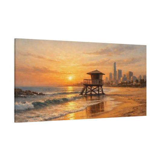 Main Mockup. Nature Lifeguard Tower Beach Sunset Orange shown as stretched canvas wall art