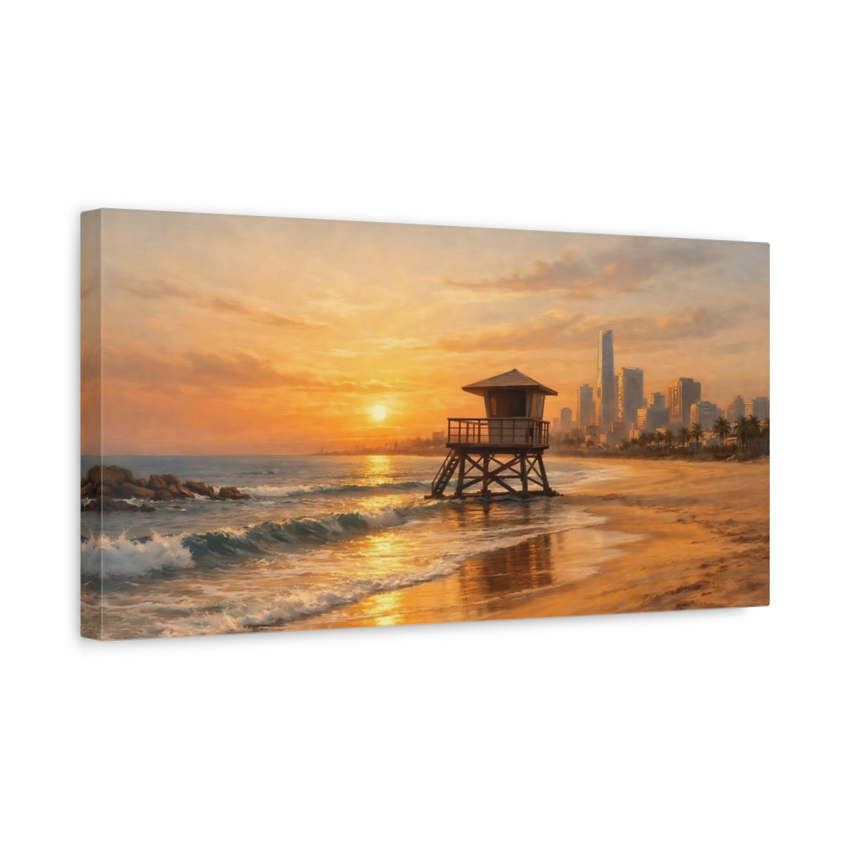 Side Mockup 3. Nature Lifeguard Tower Beach Sunset Orange shown as stretched canvas wall art
