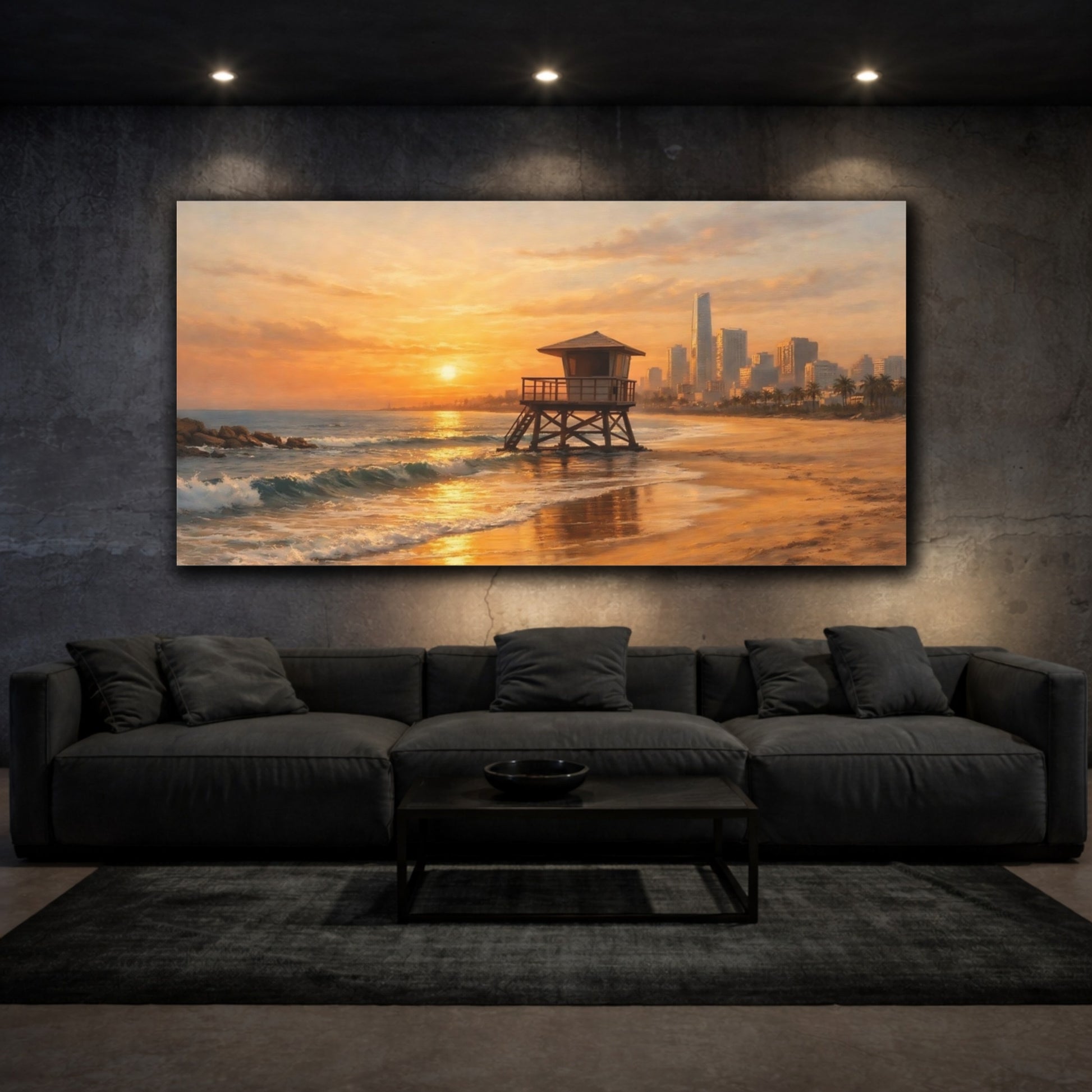 Mockup 2. Nature Lifeguard Tower Beach Sunset Orange shown as stretched canvas wall art