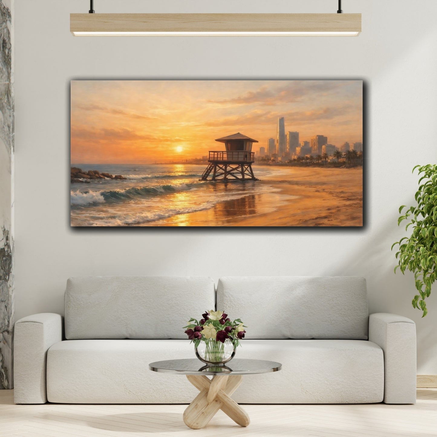 Mockup 3. Nature Lifeguard Tower Beach Sunset Orange shown as stretched canvas wall art