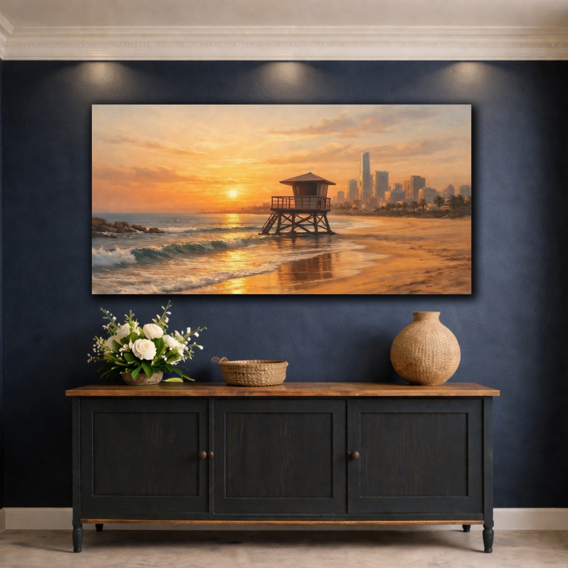 Mockup 4. Nature Lifeguard Tower Beach Sunset Orange shown as stretched canvas wall art