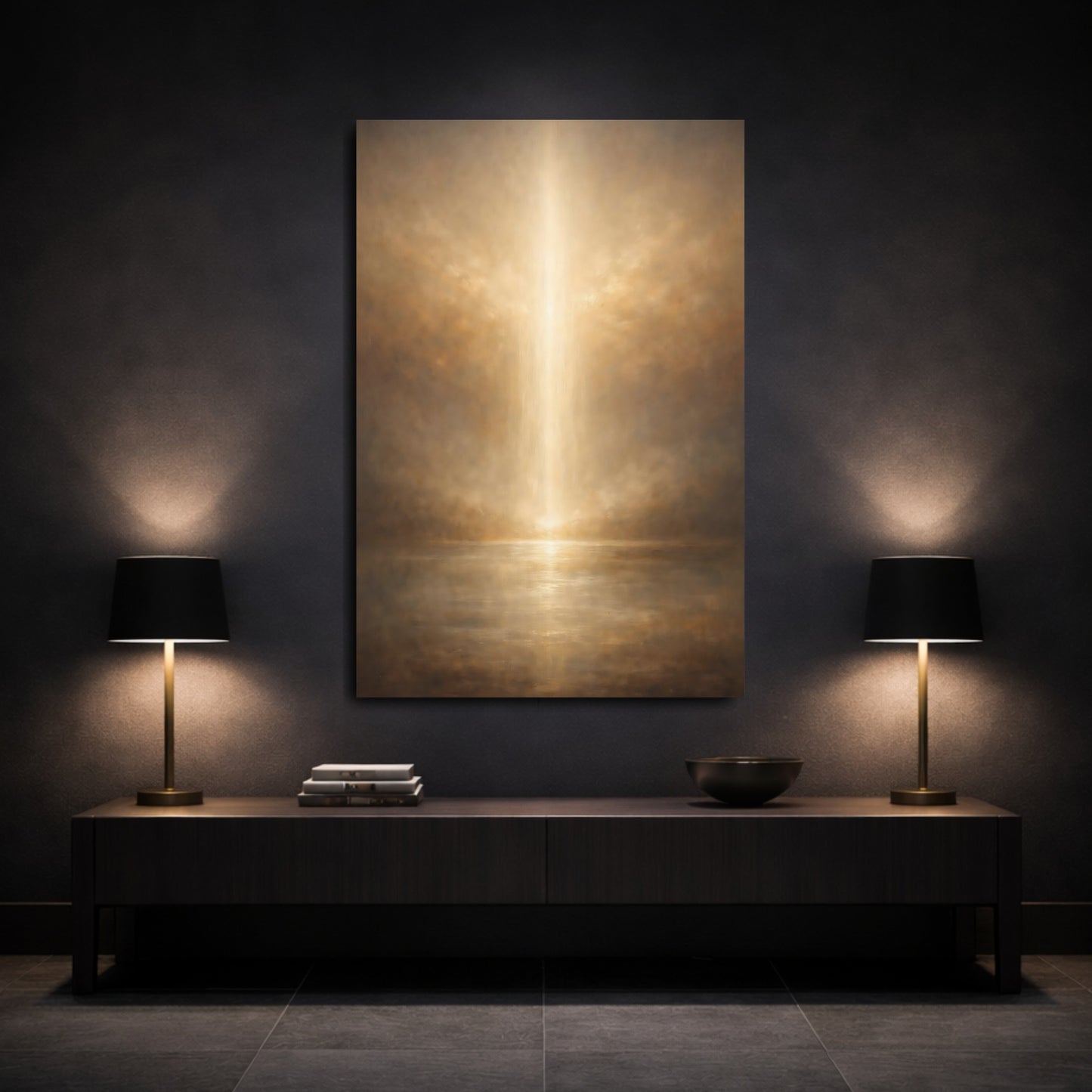 Mockup 2. Nature Light Beam Brown And Gold shown as stretched canvas wall art