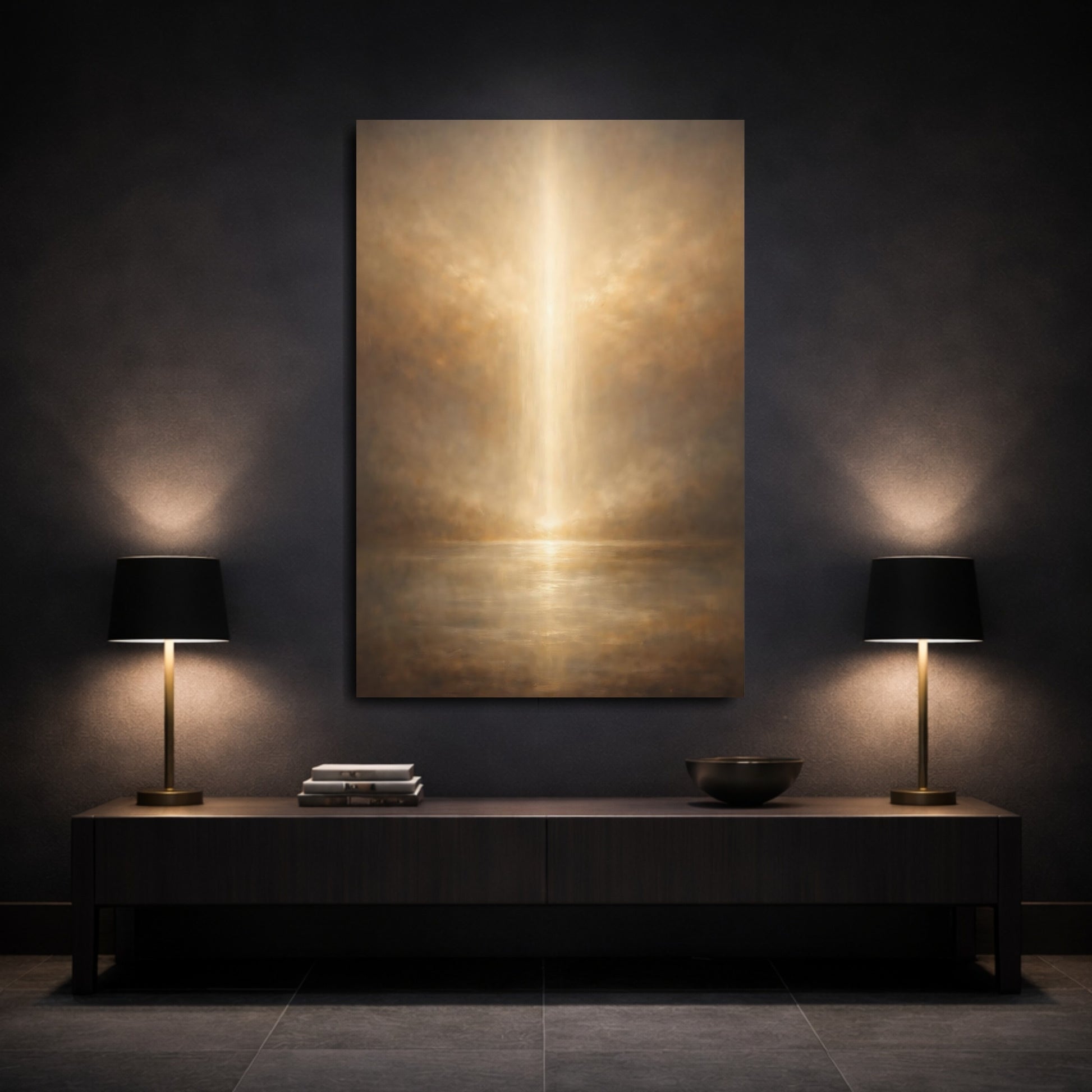 Mockup 2. Nature Light Beam Brown And Gold shown as stretched canvas wall art