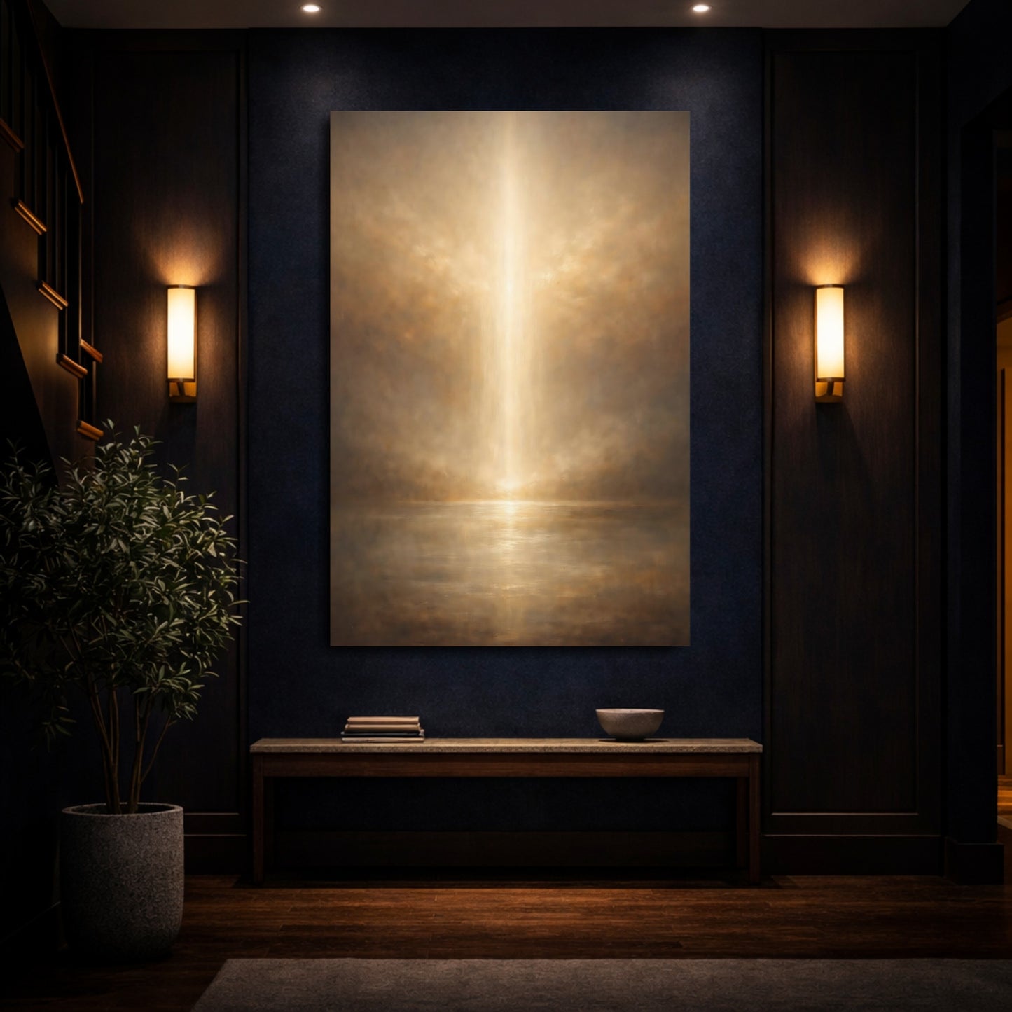 Mockup 3. Nature Light Beam Brown And Gold shown as stretched canvas wall art