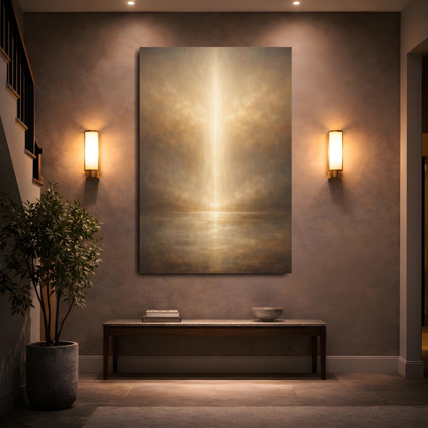 Mockup 4. Nature Light Beam Brown And Gold shown as stretched canvas wall art