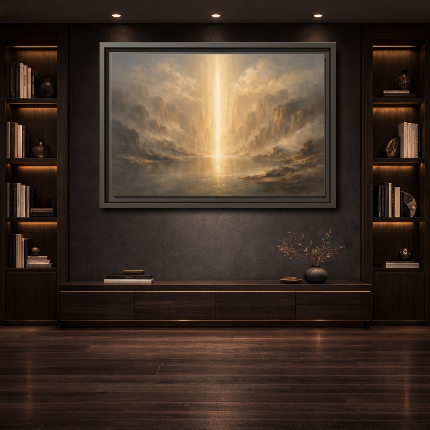 Mockup 3. Nature Light Beam Golden Light Landscape shown as stretched canvas wall art