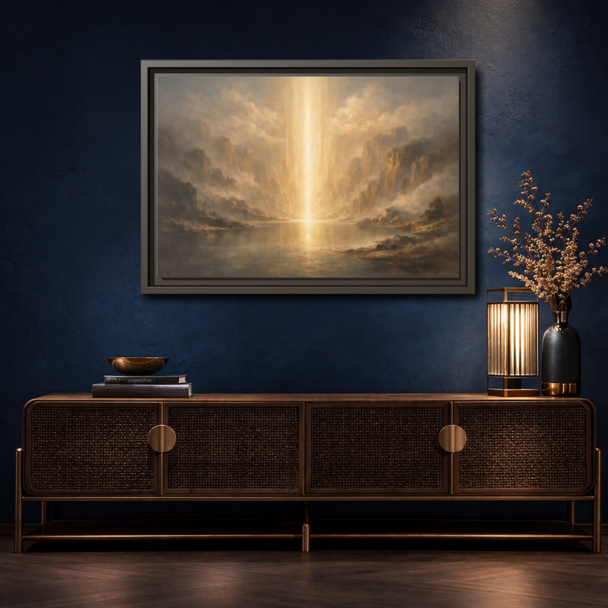 Mockup 4. Nature Light Beam Golden Light Landscape shown as stretched canvas wall art