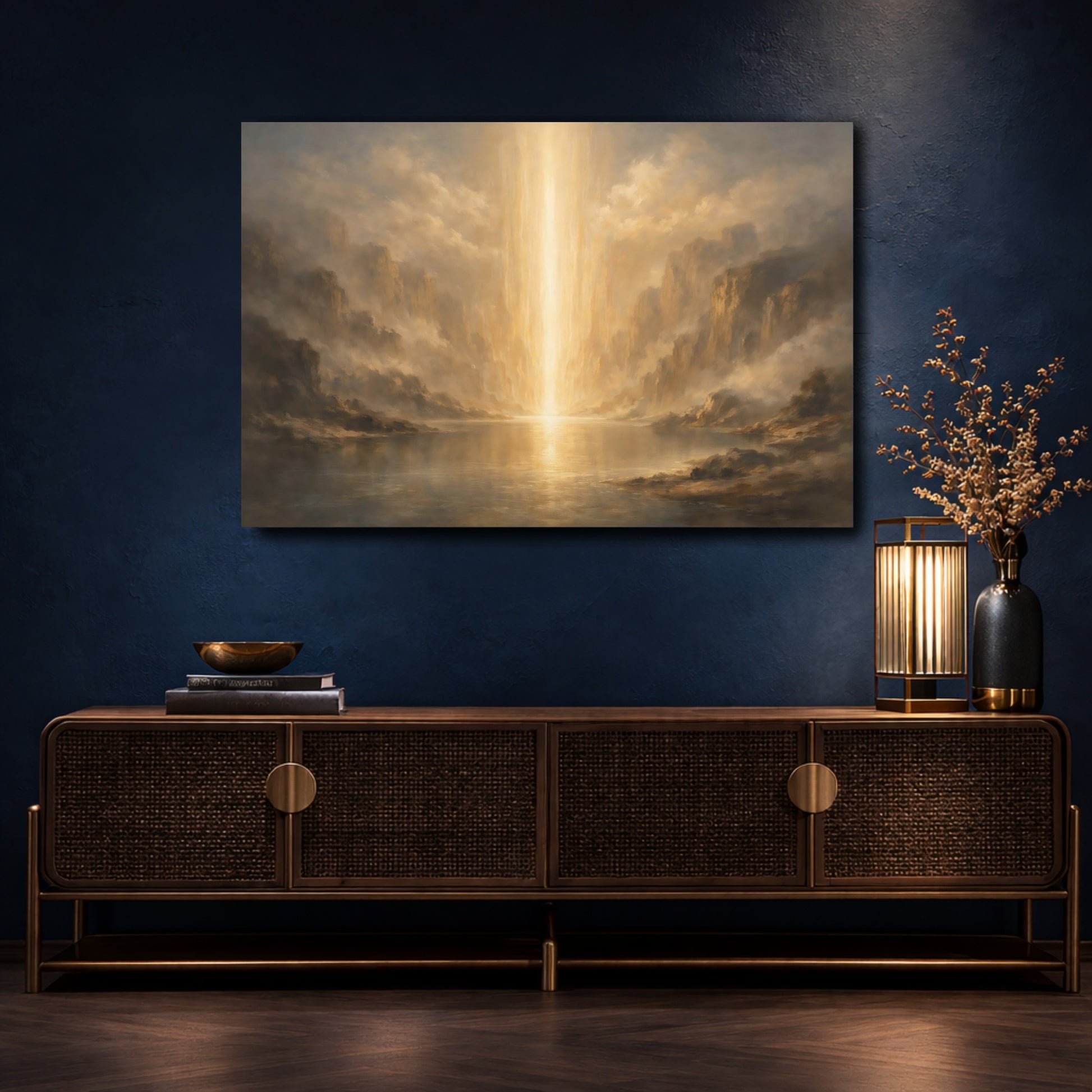 Mockup 4. Nature Light Beam Golden Light shown as stretched canvas wall art
