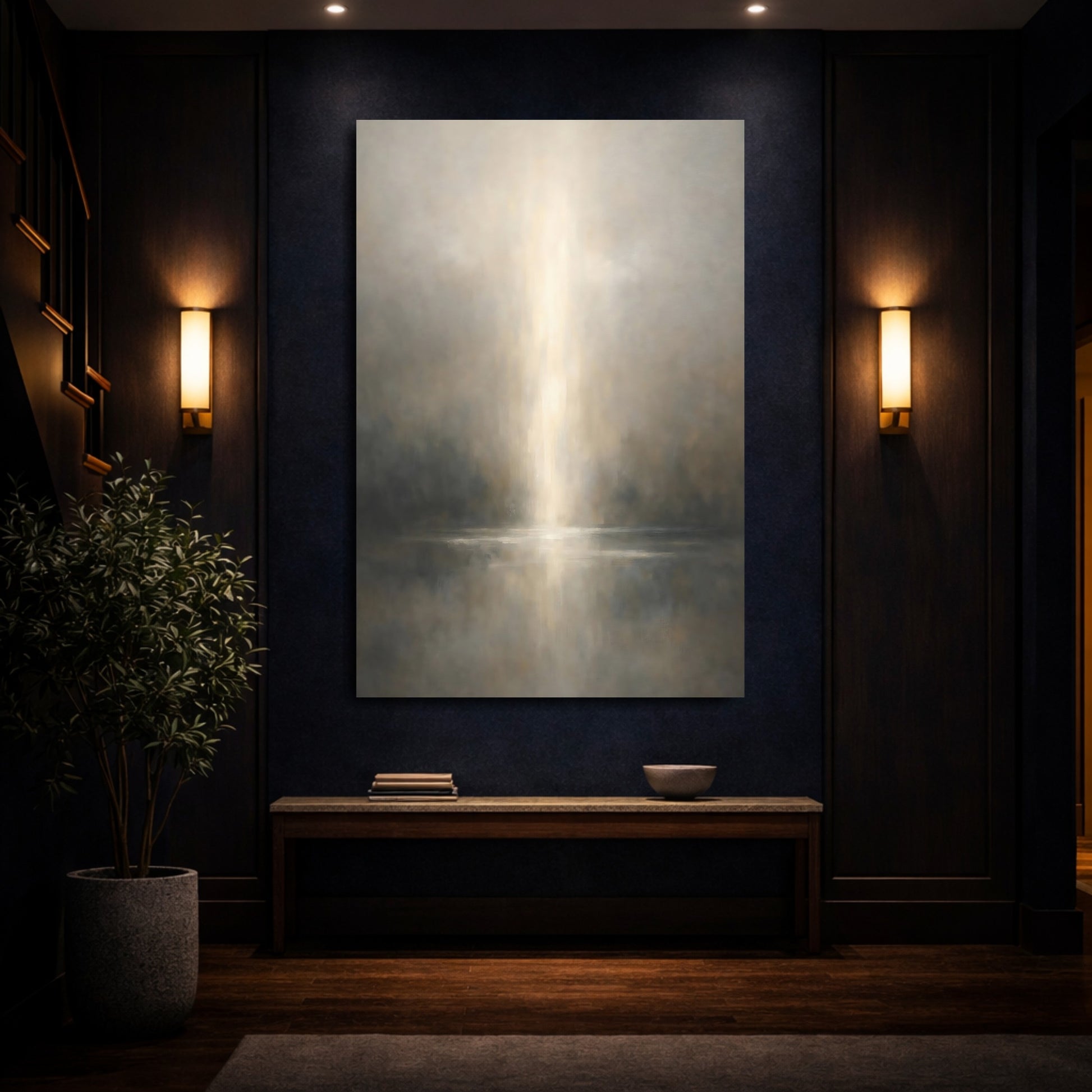 Mockup 3. Nature Light Beam Misty Light shown as stretched canvas wall art