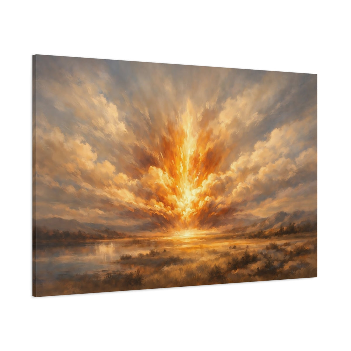 Main Mockup. Nature Light Burst Golden Sky Landscape shown as stretched canvas wall art