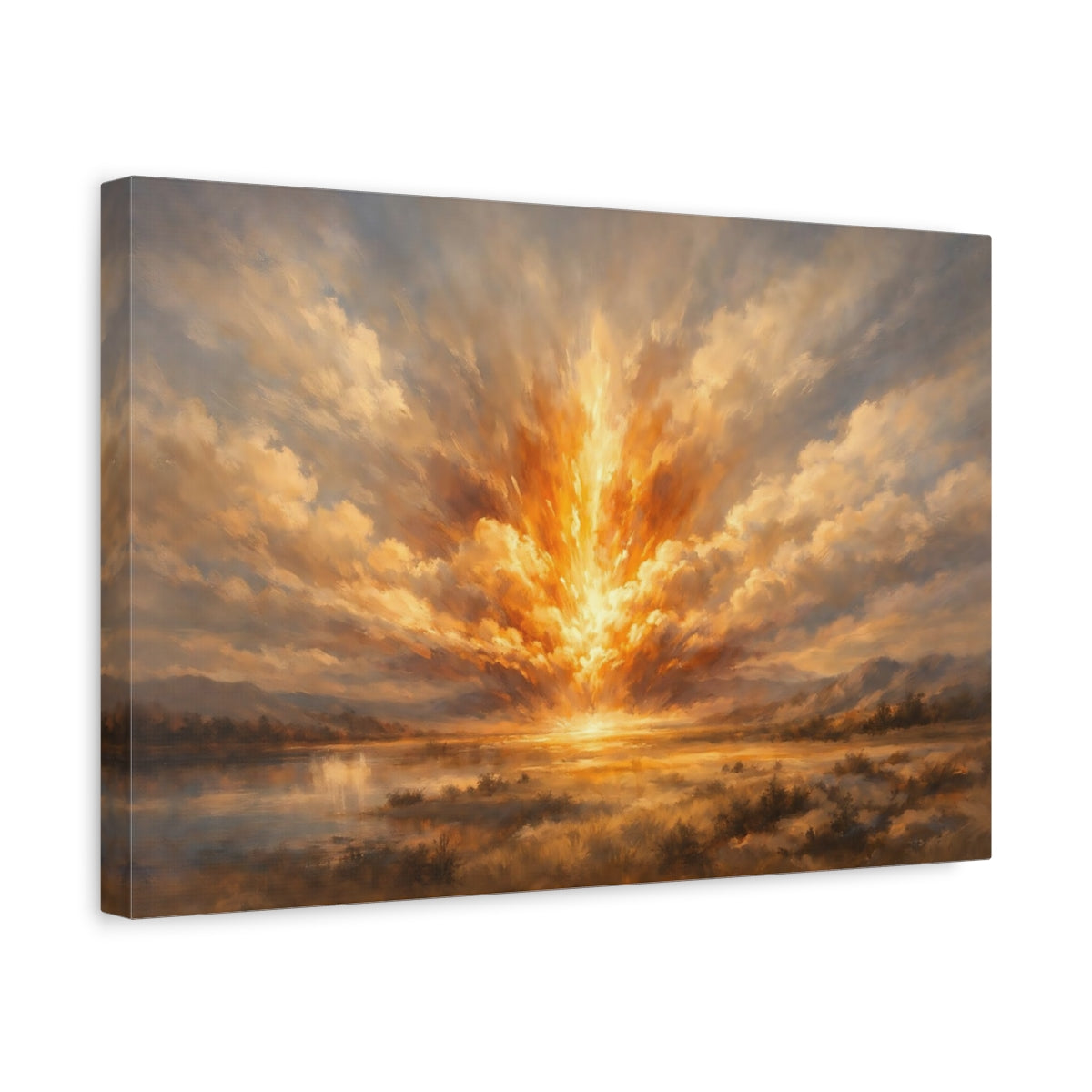 Side Mockup 4. Nature Light Burst Golden Sky Landscape shown as stretched canvas wall art