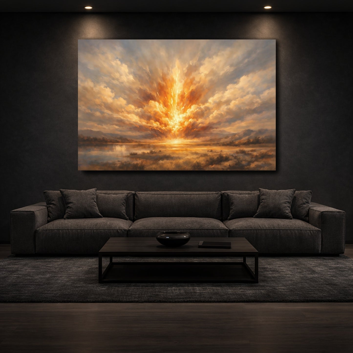 Mockup 2. Nature Light Burst Golden Sky Landscape shown as stretched canvas wall art