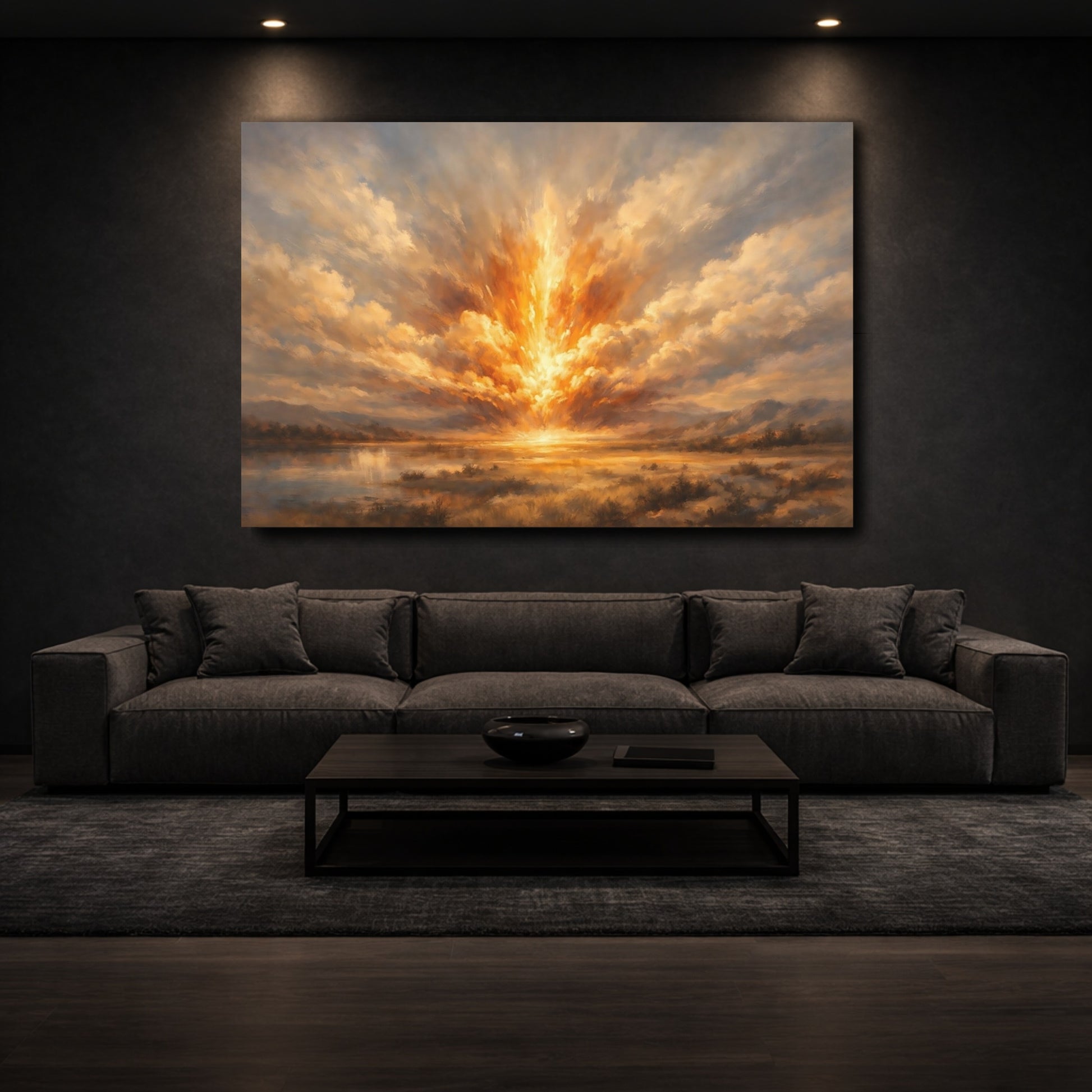 Mockup 2. Nature Light Burst Golden Sky Landscape shown as stretched canvas wall art