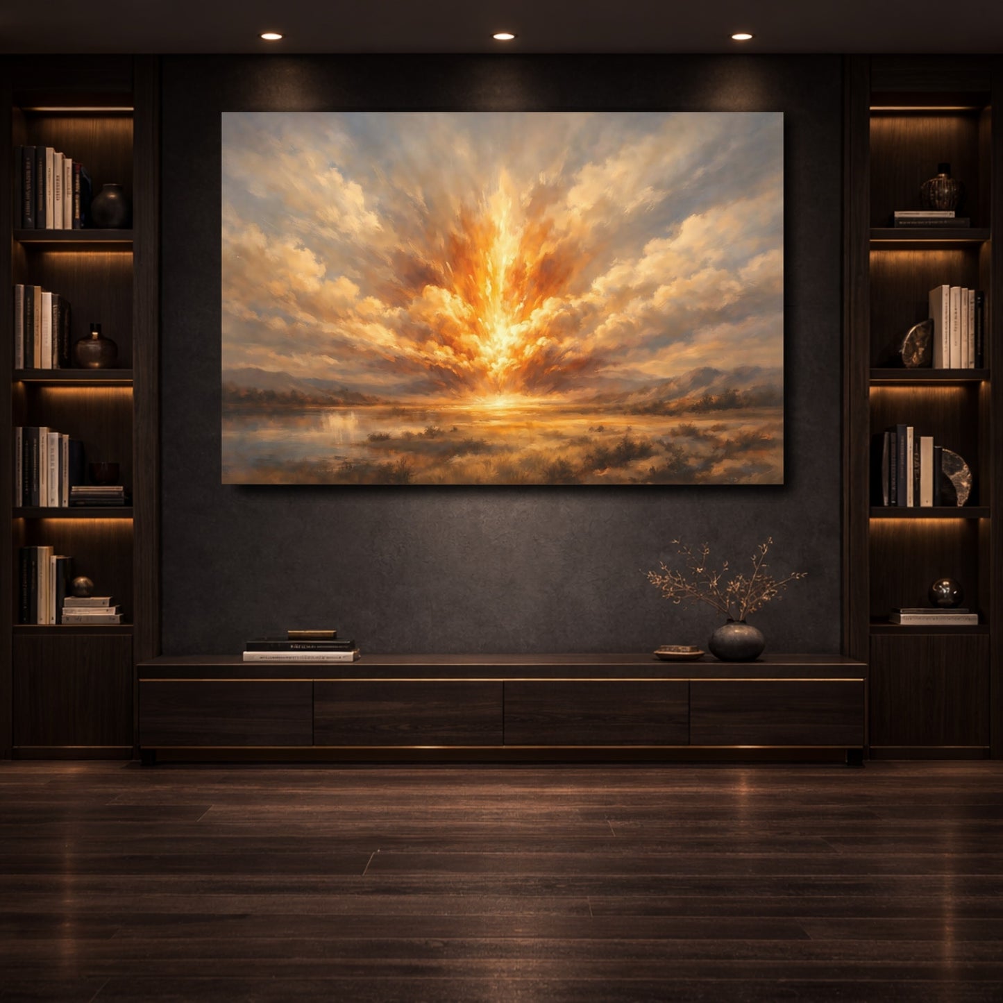 Mockup 3. Nature Light Burst Golden Sky Landscape shown as stretched canvas wall art