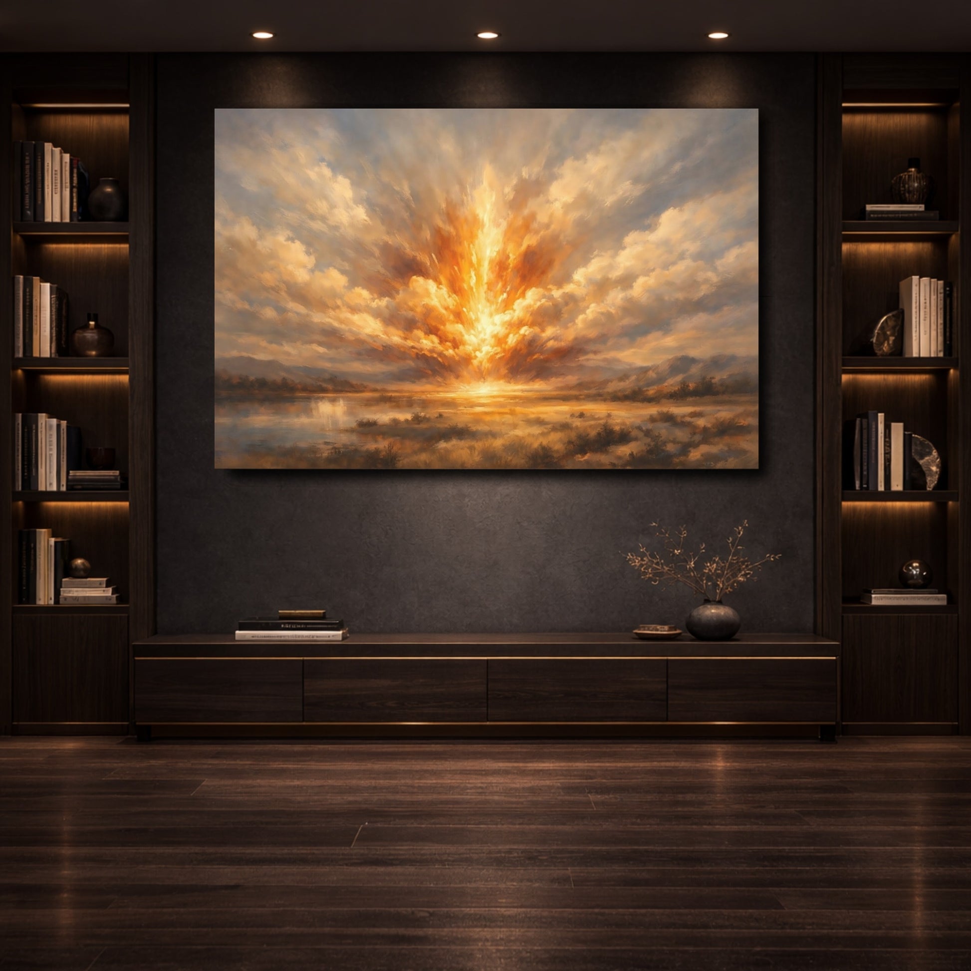 Mockup 3. Nature Light Burst Golden Sky Landscape shown as stretched canvas wall art