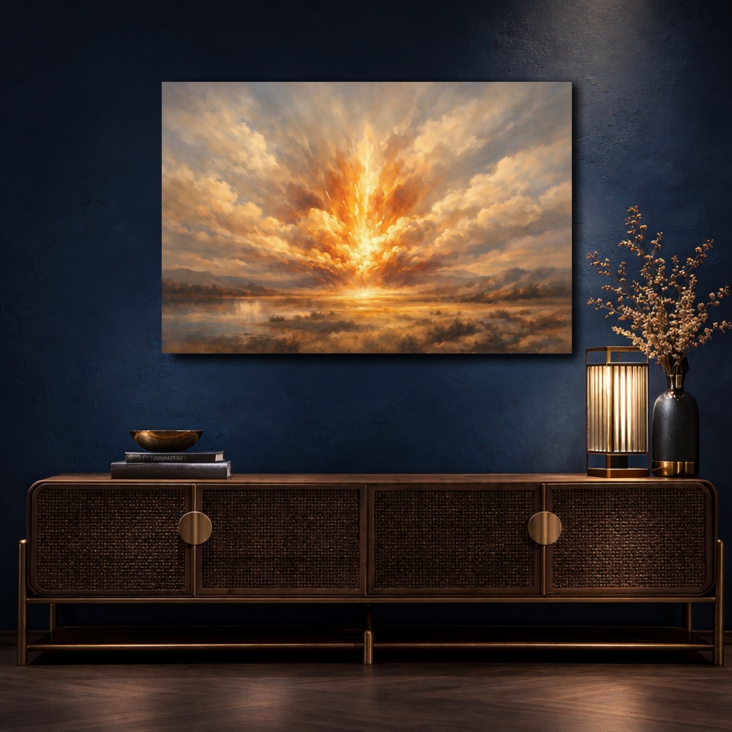 Mockup 4. Nature Light Burst Golden Sky Landscape shown as stretched canvas wall art
