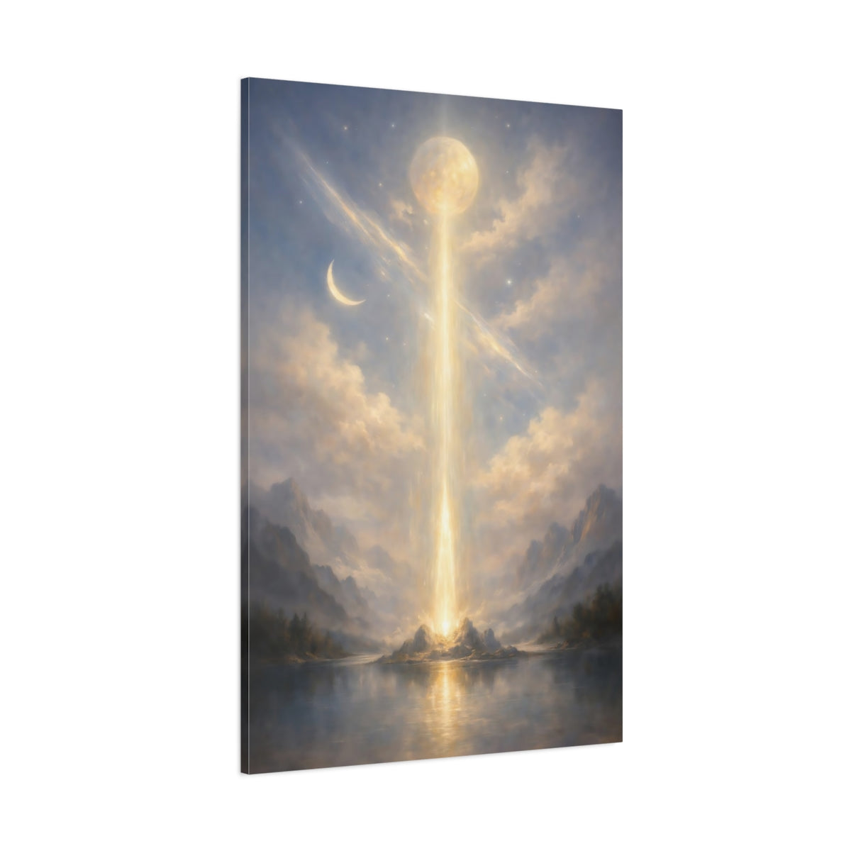 Main Mockup. Nature Light Pillar Blue Gold Glow shown as stretched canvas wall art