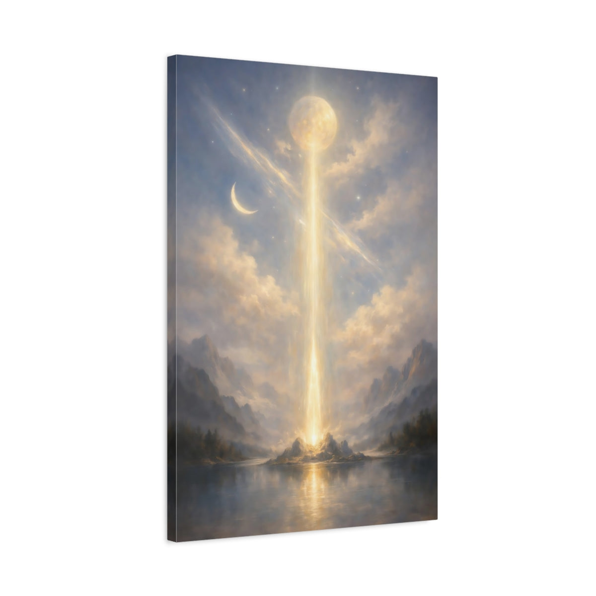 Side Mockup 2. Nature Light Pillar Blue Gold Glow shown as stretched canvas wall art