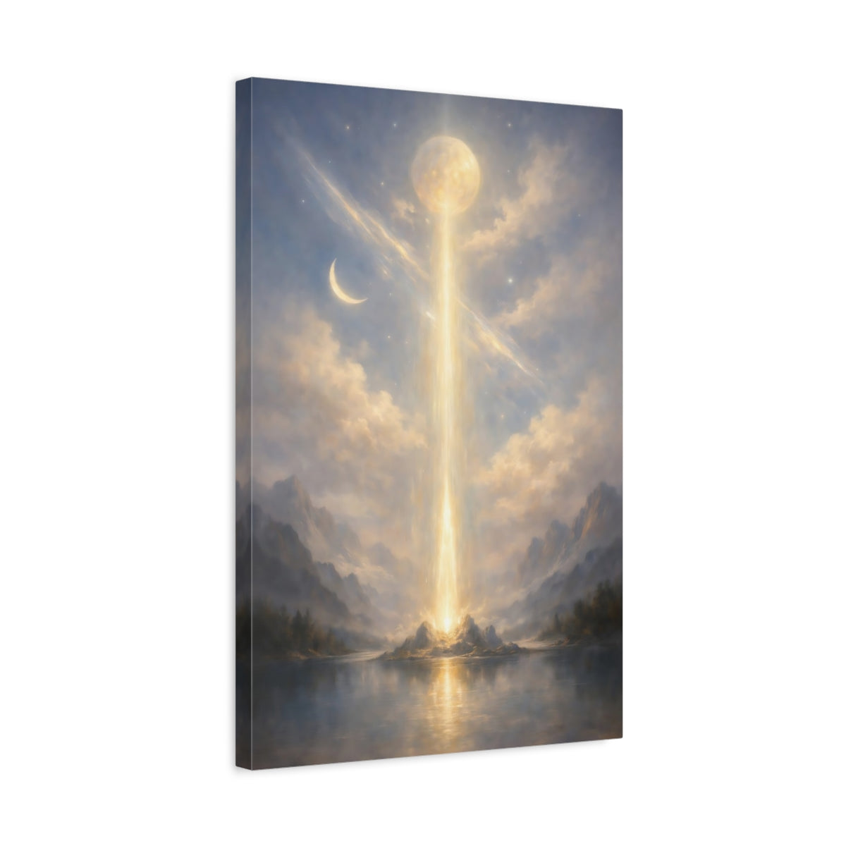 Side Mockup 3. Nature Light Pillar Blue Gold Glow shown as stretched canvas wall art