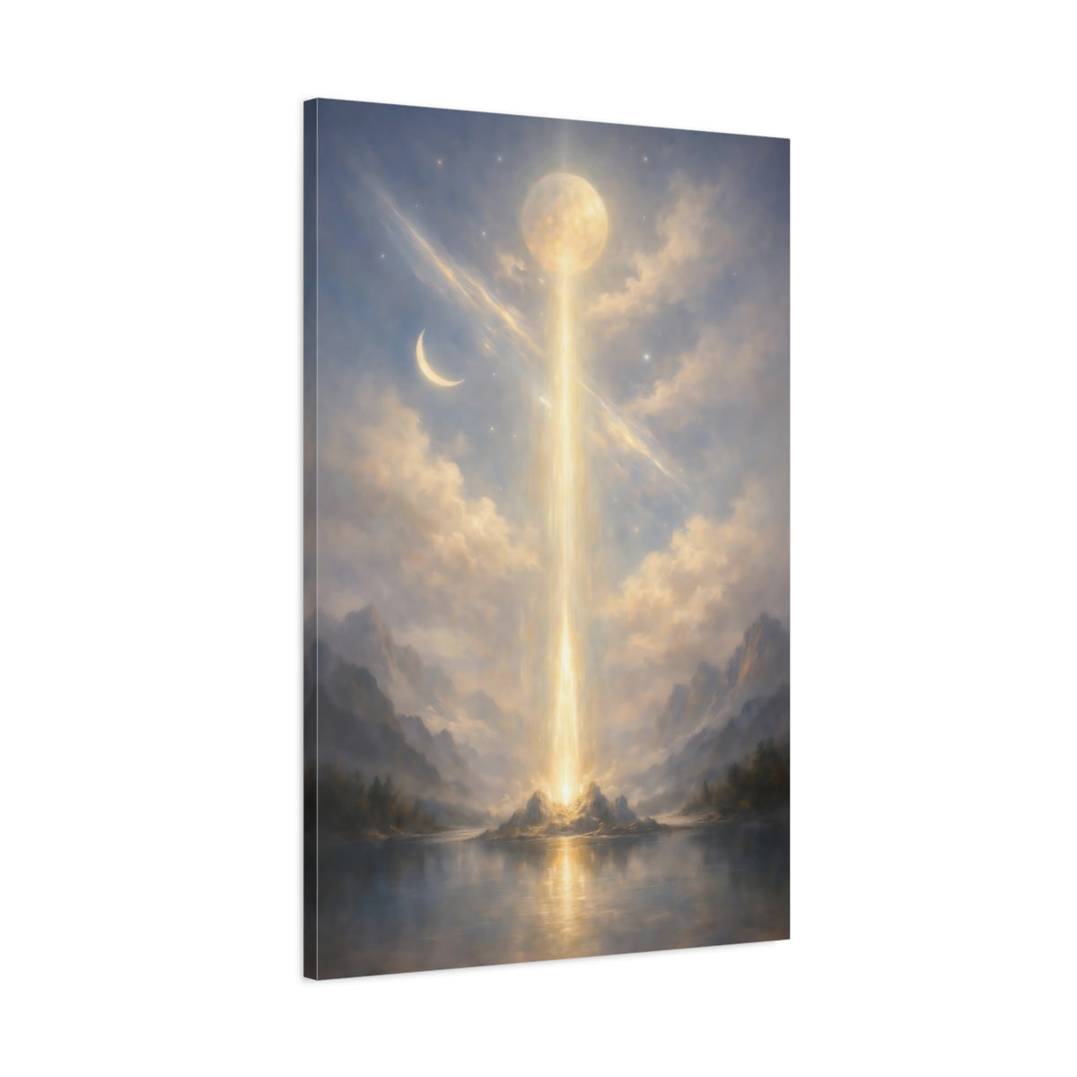 Side Mockup 1. Nature Light Pillar Blue Gold Glow shown as stretched canvas wall art