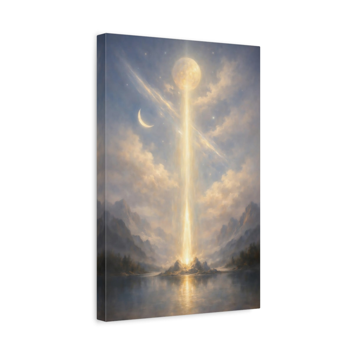 Side Mockup 4. Nature Light Pillar Blue Gold Glow shown as stretched canvas wall art