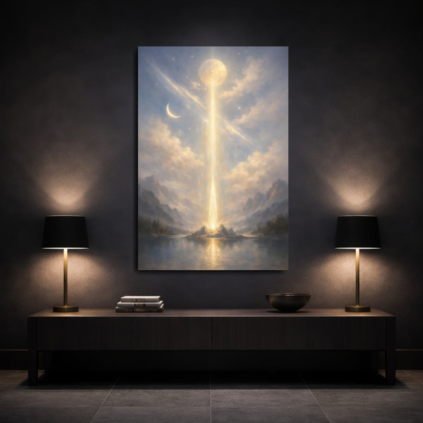 Mockup 2. Nature Light Pillar Blue Gold Glow shown as stretched canvas wall art