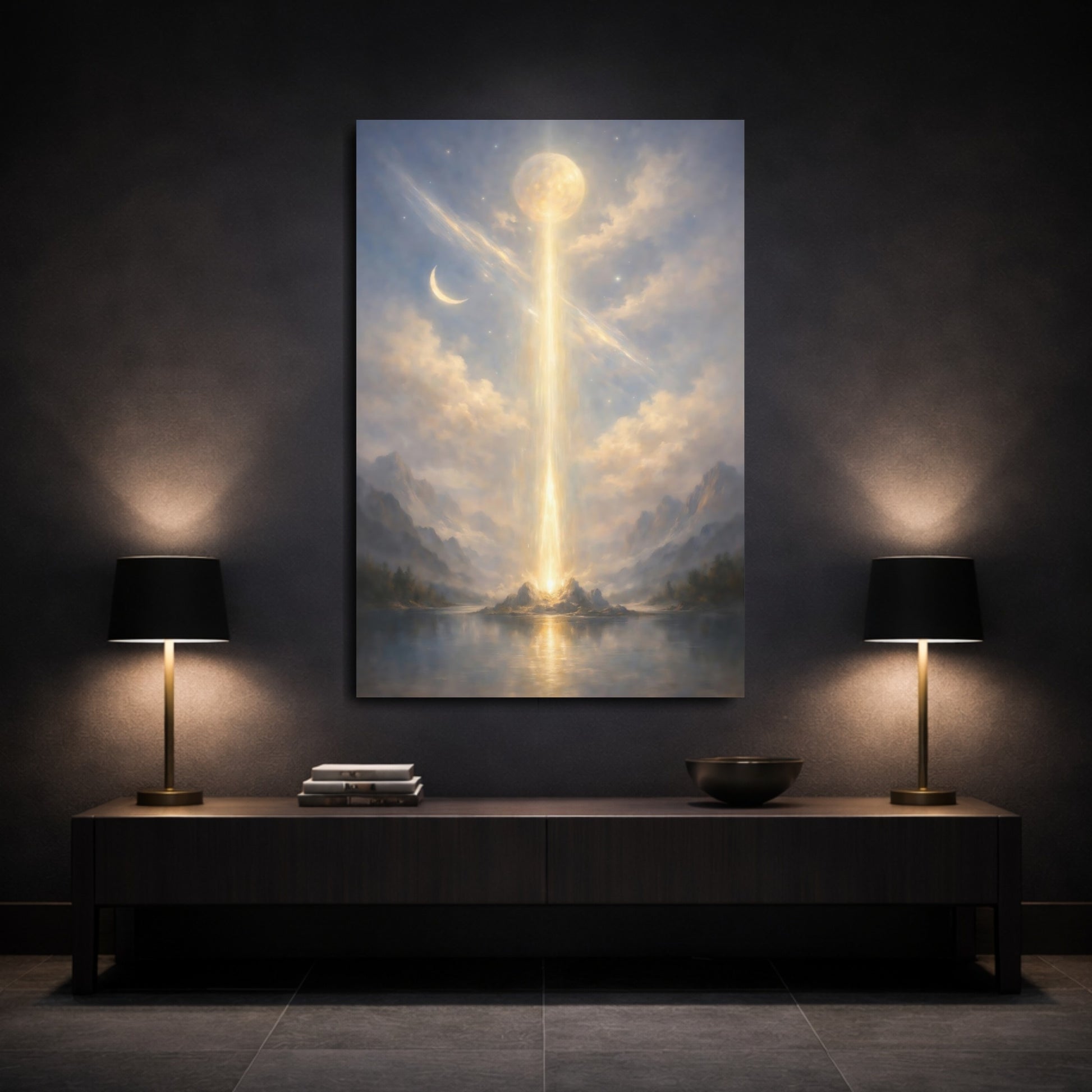 Mockup 2. Nature Light Pillar Blue Gold Glow shown as stretched canvas wall art