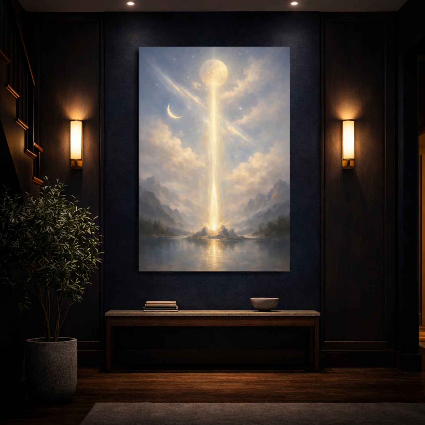 Mockup 3. Nature Light Pillar Blue Gold Glow shown as stretched canvas wall art