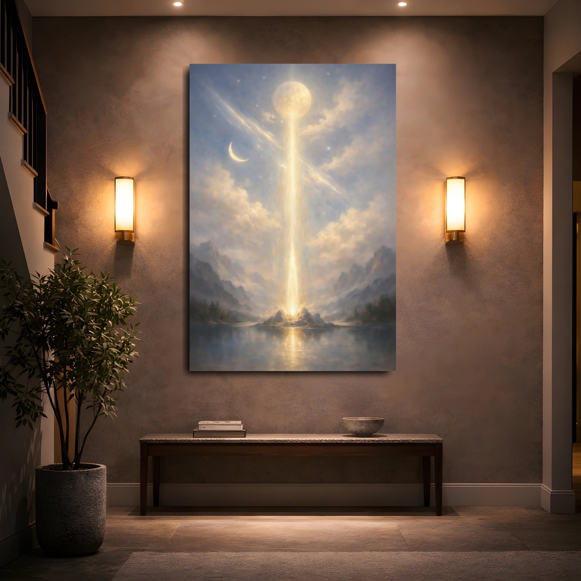 Mockup 4. Nature Light Pillar Blue Gold Glow shown as stretched canvas wall art