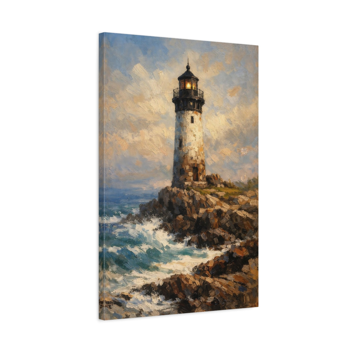 Side Mockup 2. Nature Lighthouse Blue And Brown shown as stretched canvas wall art