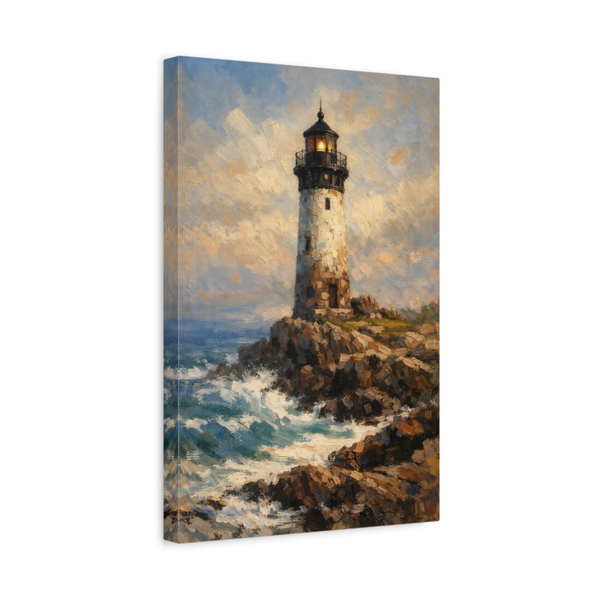 Side Mockup 4. Nature Lighthouse Blue And Brown shown as stretched canvas wall art