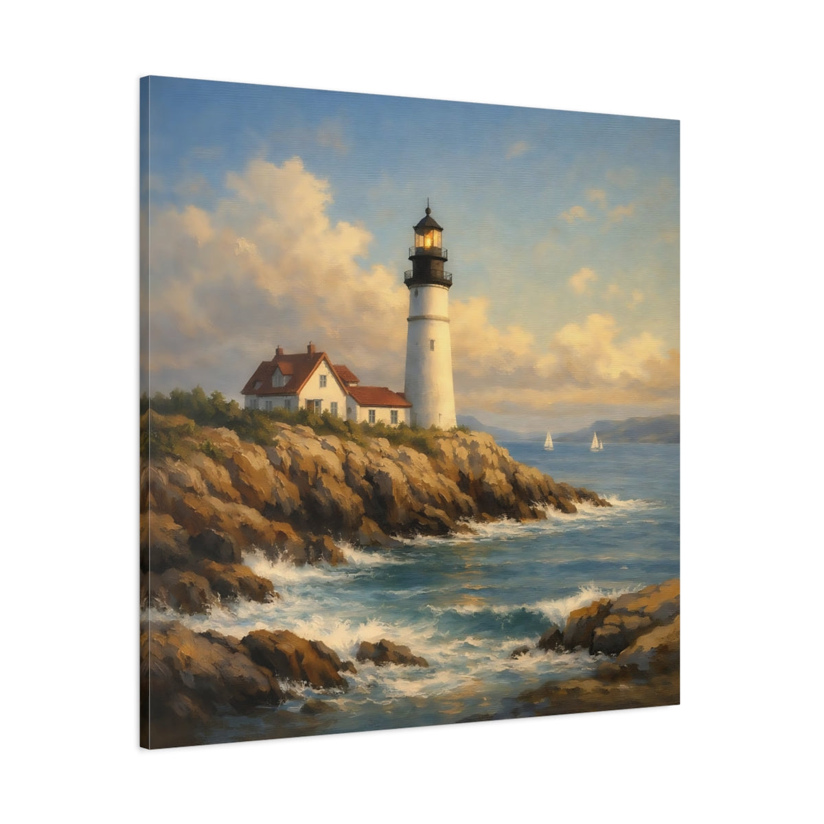 Main Mockup. Nature Lighthouse Blue And Brown Lighthouse shown as stretched canvas wall art