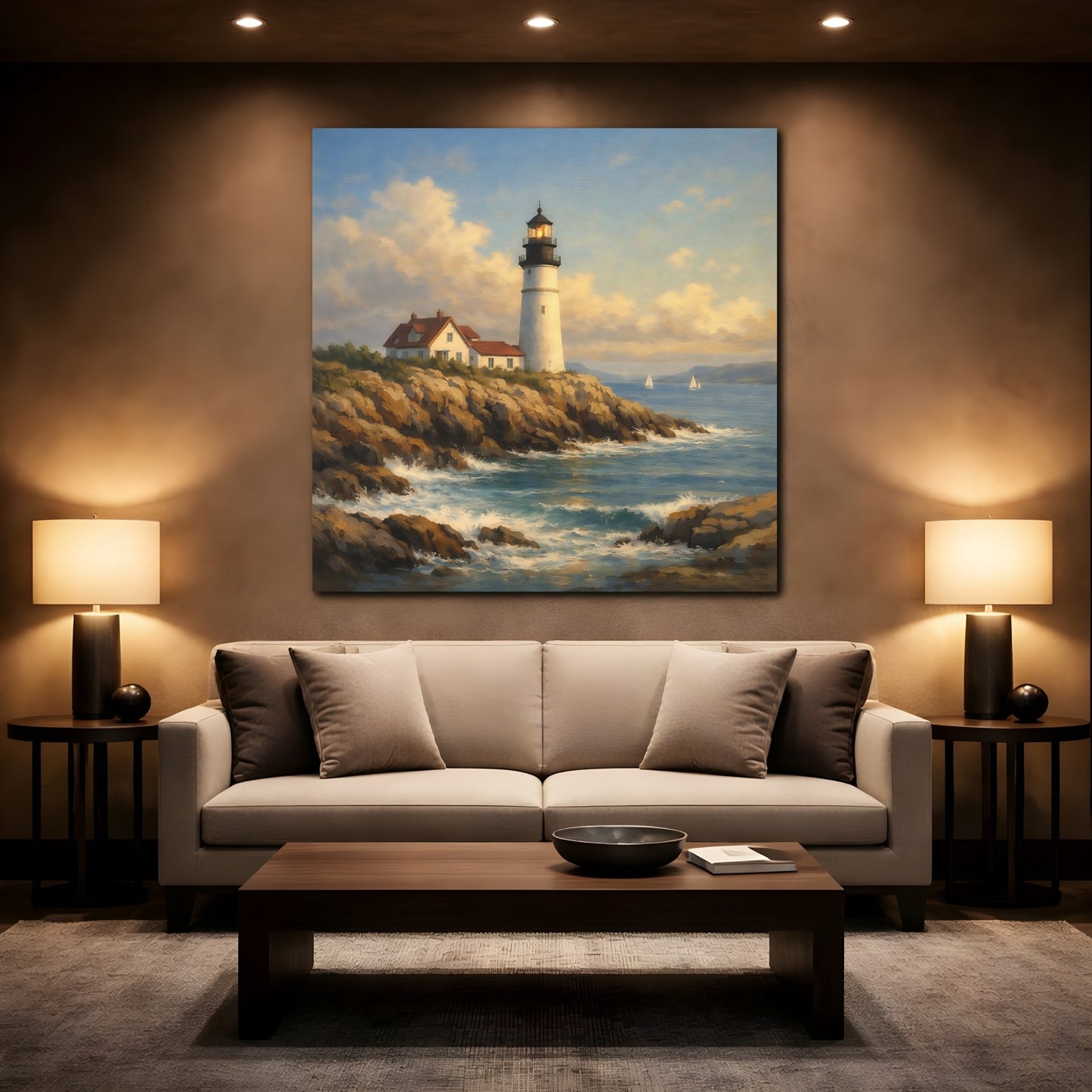 Mockup 2. Nature Lighthouse Blue And Brown Lighthouse shown as stretched canvas wall art