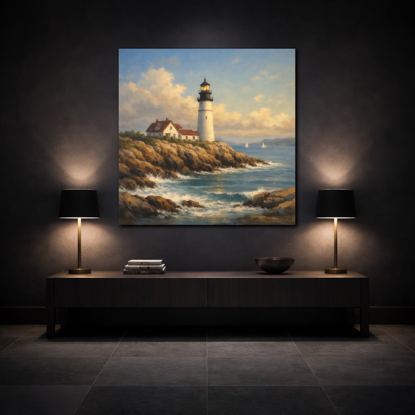 Mockup 3. Nature Lighthouse Blue And Brown Lighthouse shown as stretched canvas wall art
