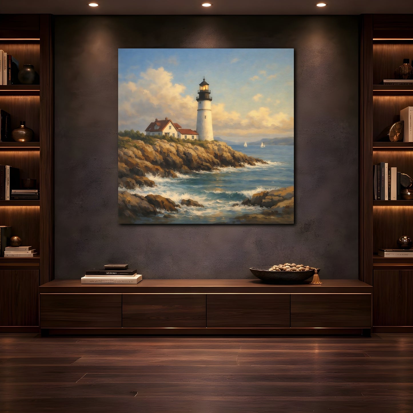Mockup 4. Nature Lighthouse Blue And Brown Lighthouse shown as stretched canvas wall art