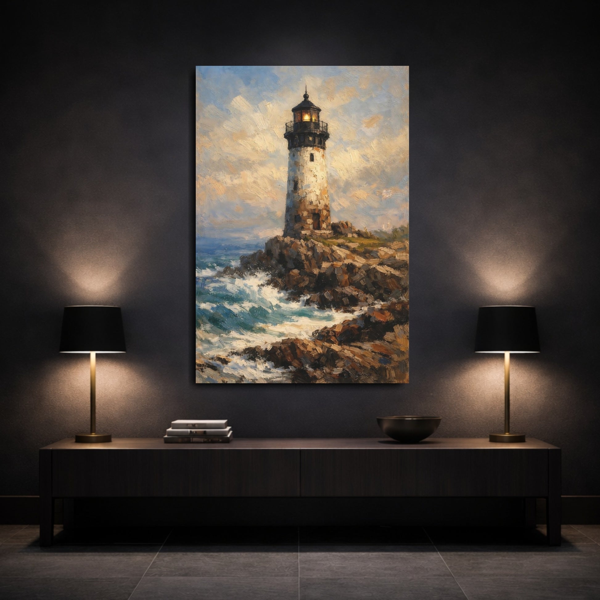 Mockup 2. Nature Lighthouse Blue And Brown shown as stretched canvas wall art