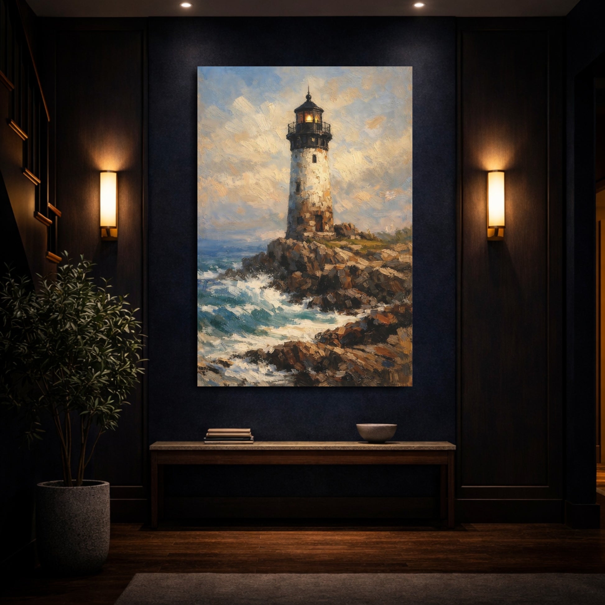 Mockup 3. Nature Lighthouse Blue And Brown shown as stretched canvas wall art