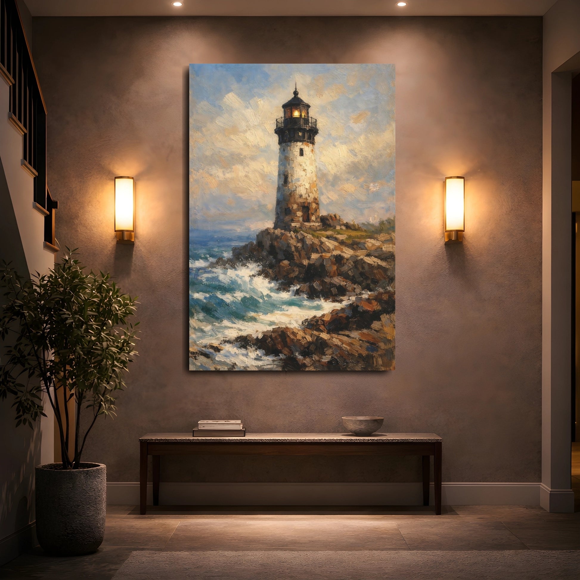 Mockup 4. Nature Lighthouse Blue And Brown shown as stretched canvas wall art
