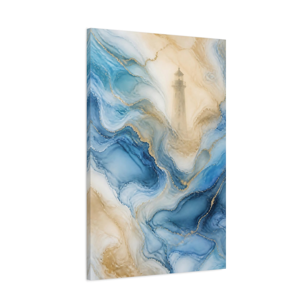 Main Mockup. Nature Lighthouse Blue And Gold shown as stretched canvas wall art