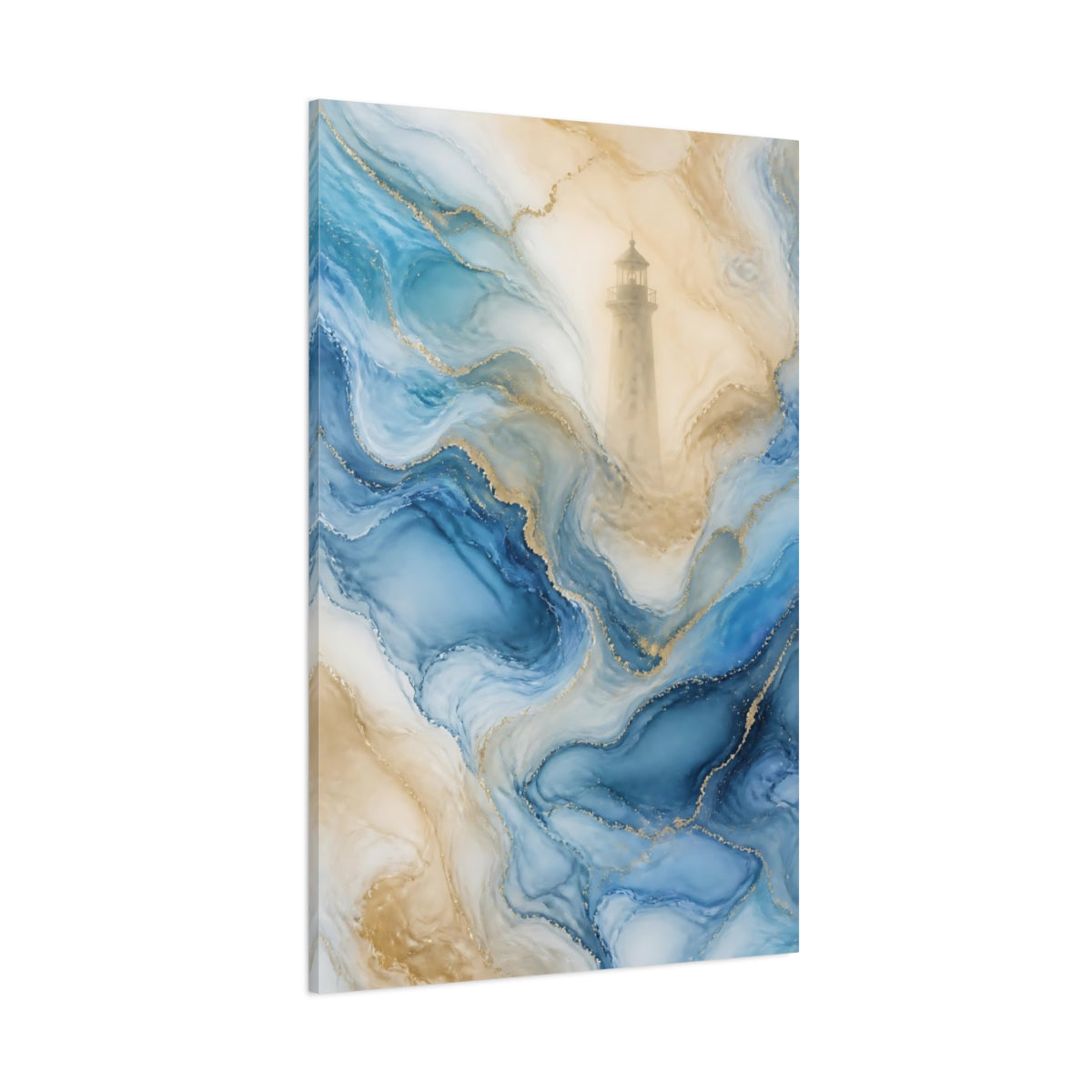 Side Mockup 1. Nature Lighthouse Blue And Gold shown as stretched canvas wall art