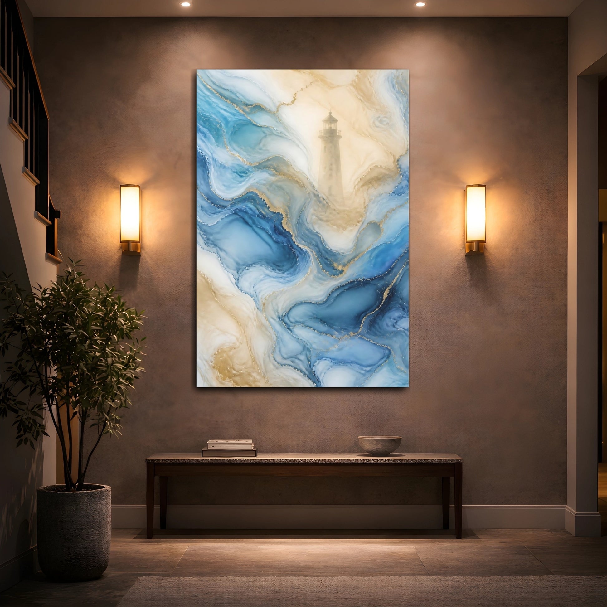Mockup 2. Nature Lighthouse Blue And Gold shown as stretched canvas wall art