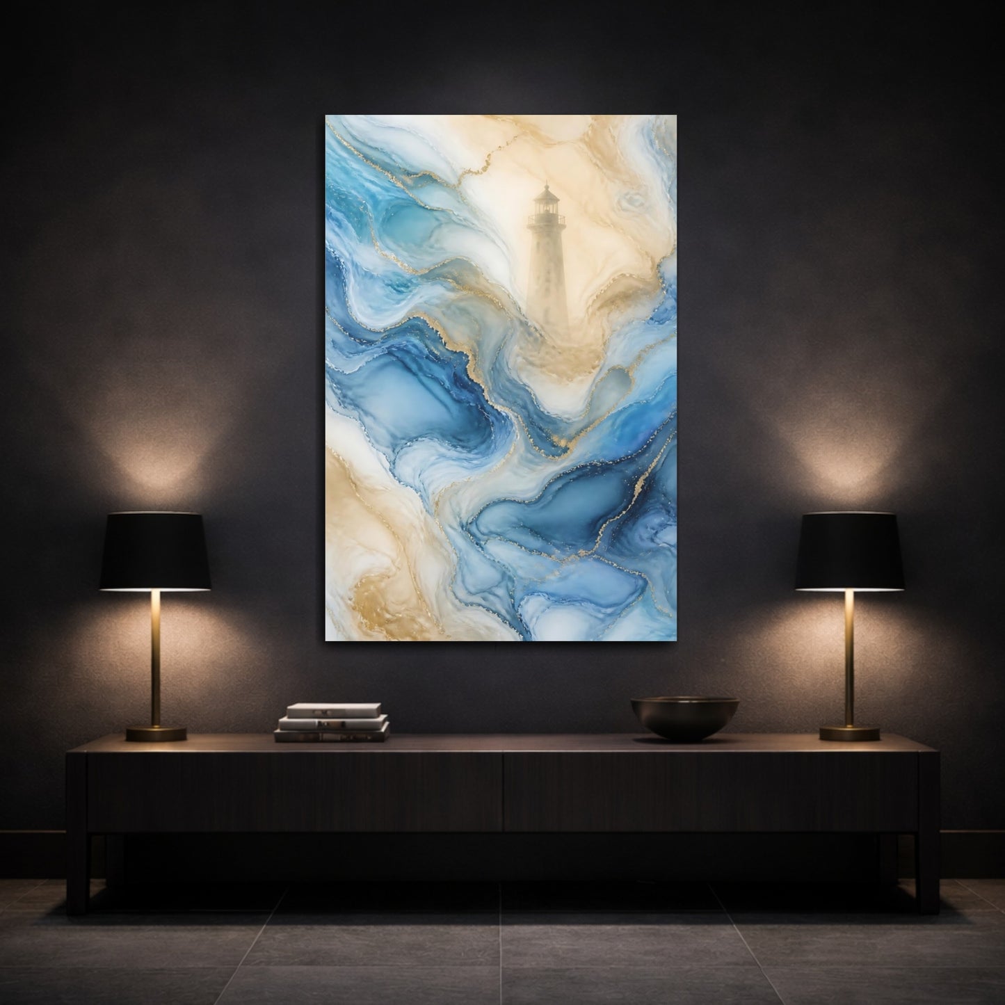 Mockup 3. Nature Lighthouse Blue And Gold shown as stretched canvas wall art