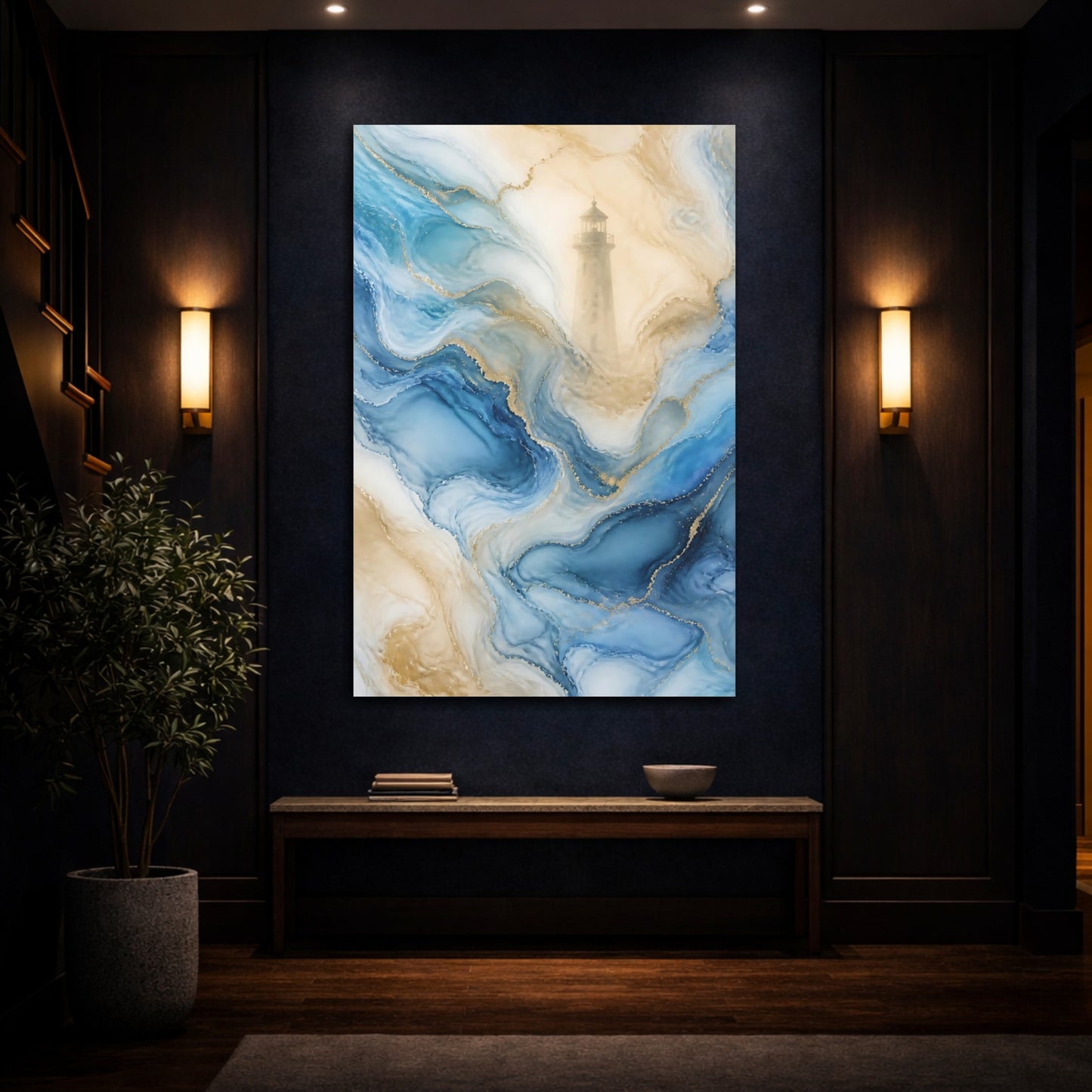 Mockup 4. Nature Lighthouse Blue And Gold shown as stretched canvas wall art