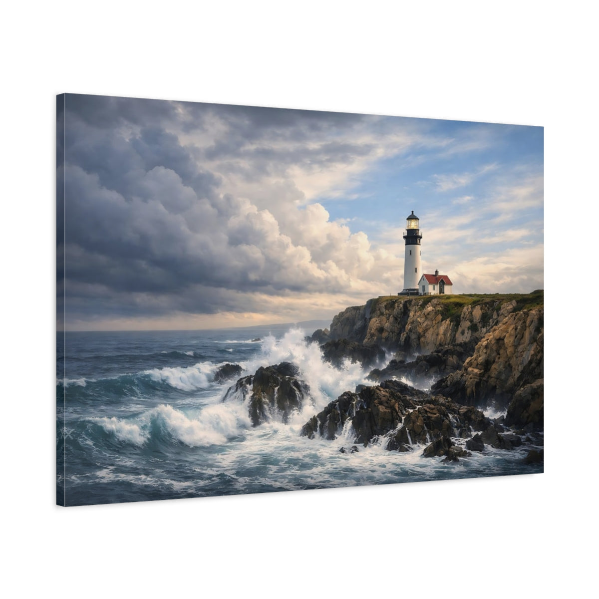 Main Mockup. Nature Lighthouse Blue And Gray Coastal shown as stretched canvas wall art