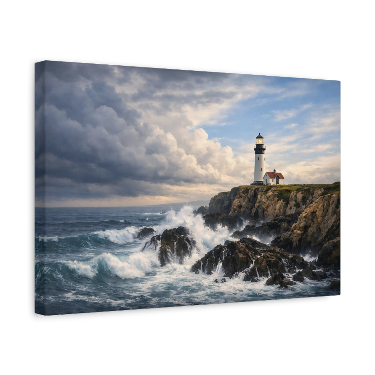 Side Mockup 4. Nature Lighthouse Blue And Gray Coastal shown as stretched canvas wall art